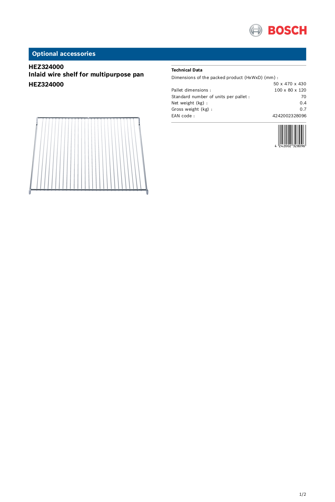 Bosch HEZ324000 Specifications Sheet