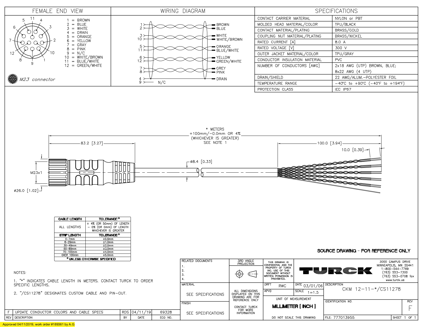 Turck CKM12-11-15.3/CS11278 Specification Sheet