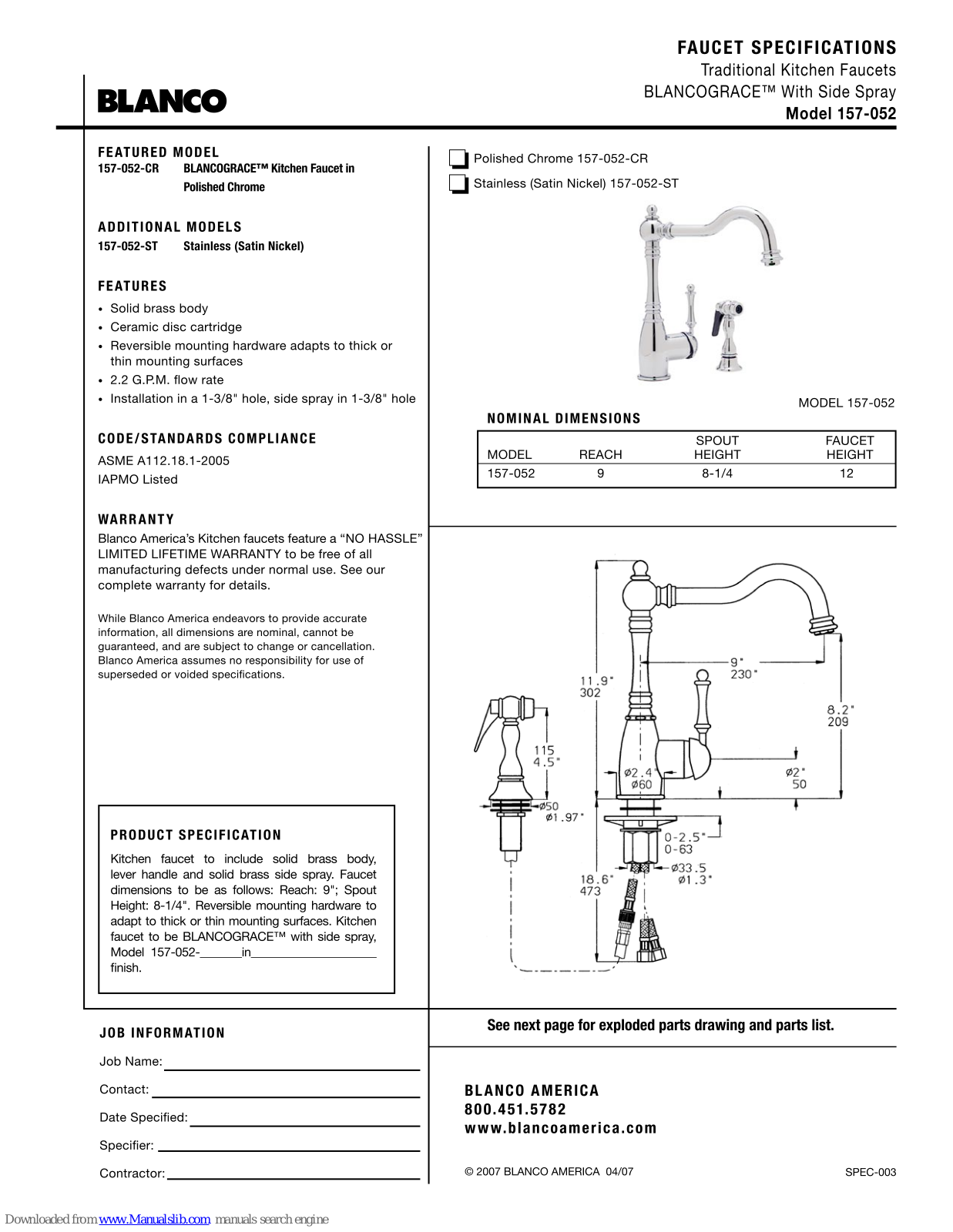Blanco 157-052-CR, 157-052-ST Specification Sheet - ManualMachine.com