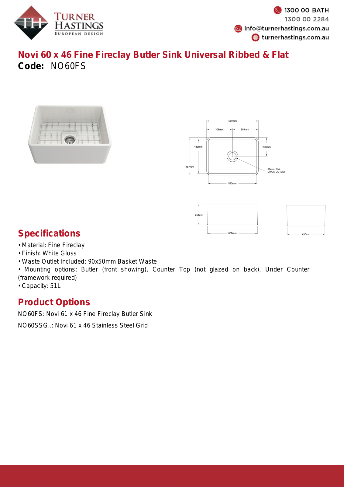 Turner Hastings NO60FS Specifications Sheet