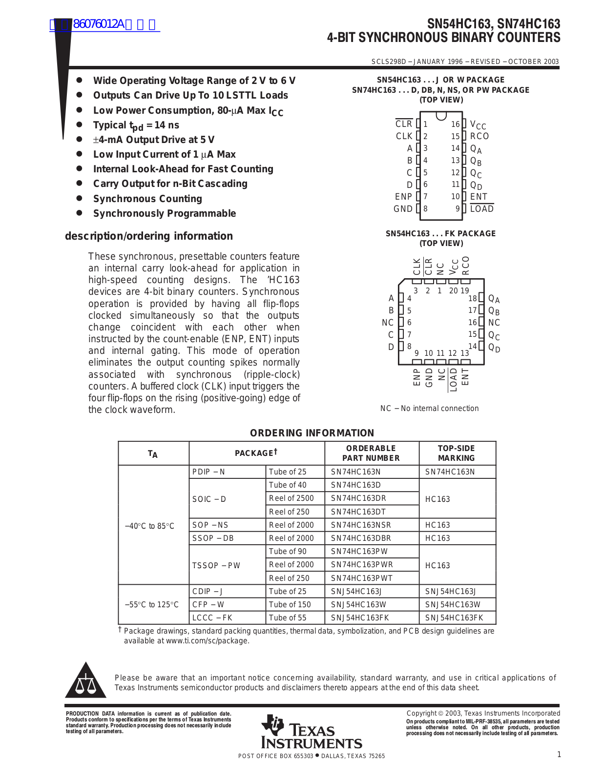 TEXAS INSTRUMENTS SN54HC163, SN74HC163 Technical data