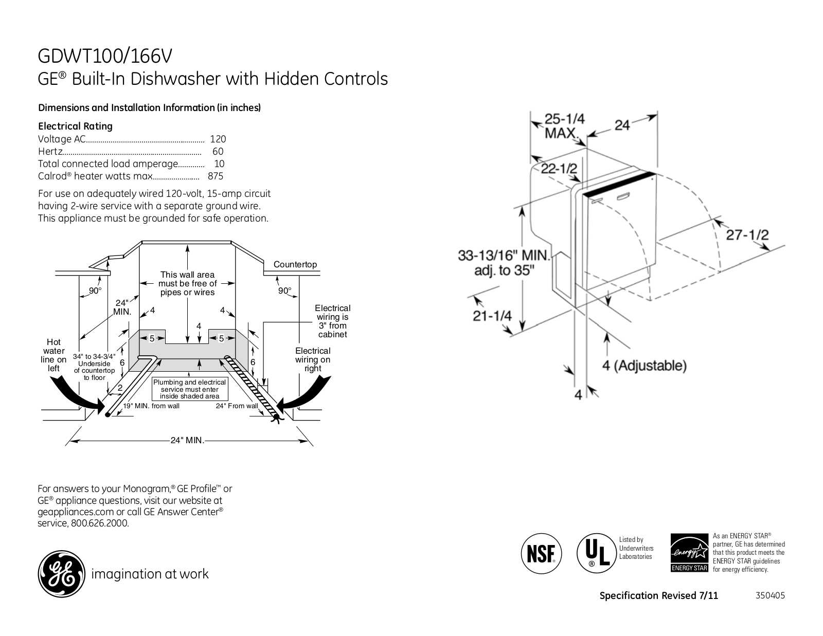 GE GDWT100, GDWT166V Specification