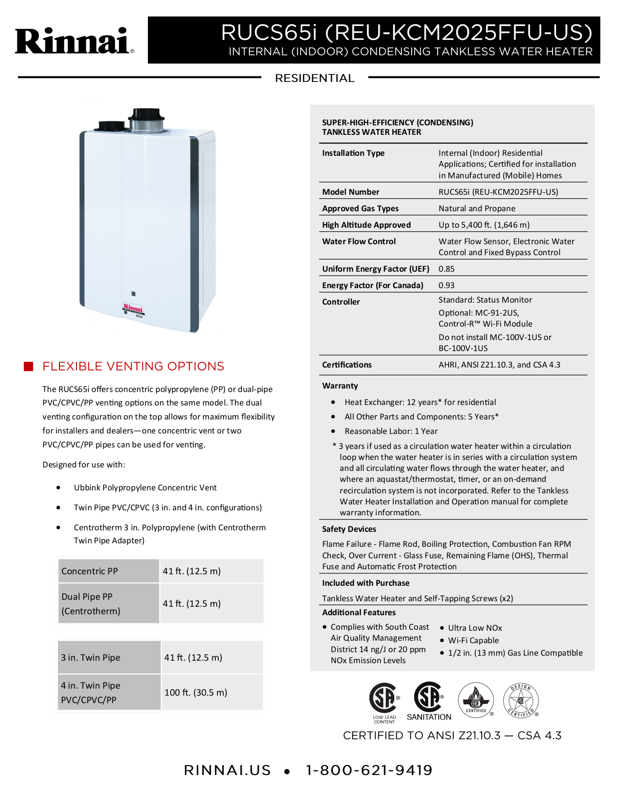 Rinnai Water Heater RUCS65iN Specifications