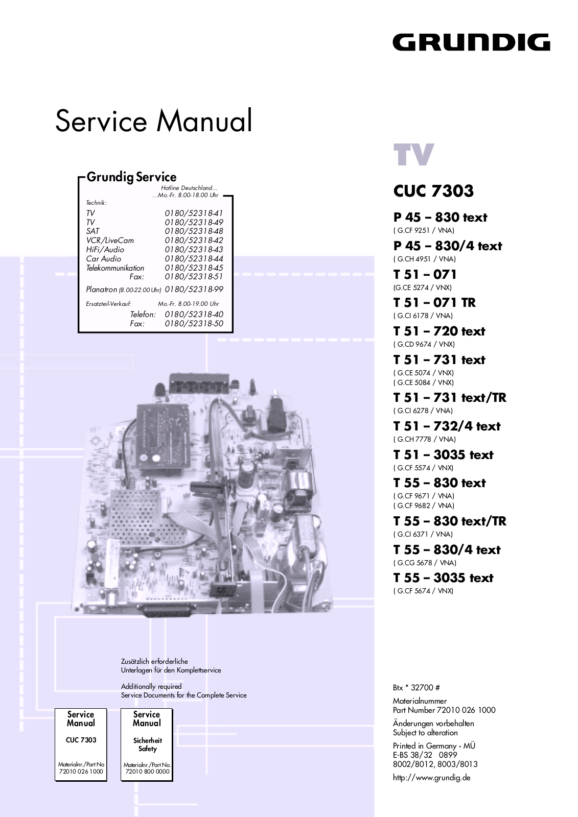 Grundig T 55 – 830, P 45 – 830-4, T 51 – 071 TR, T 51 – 731 -TR, T 51 – 732-4 Service Manual