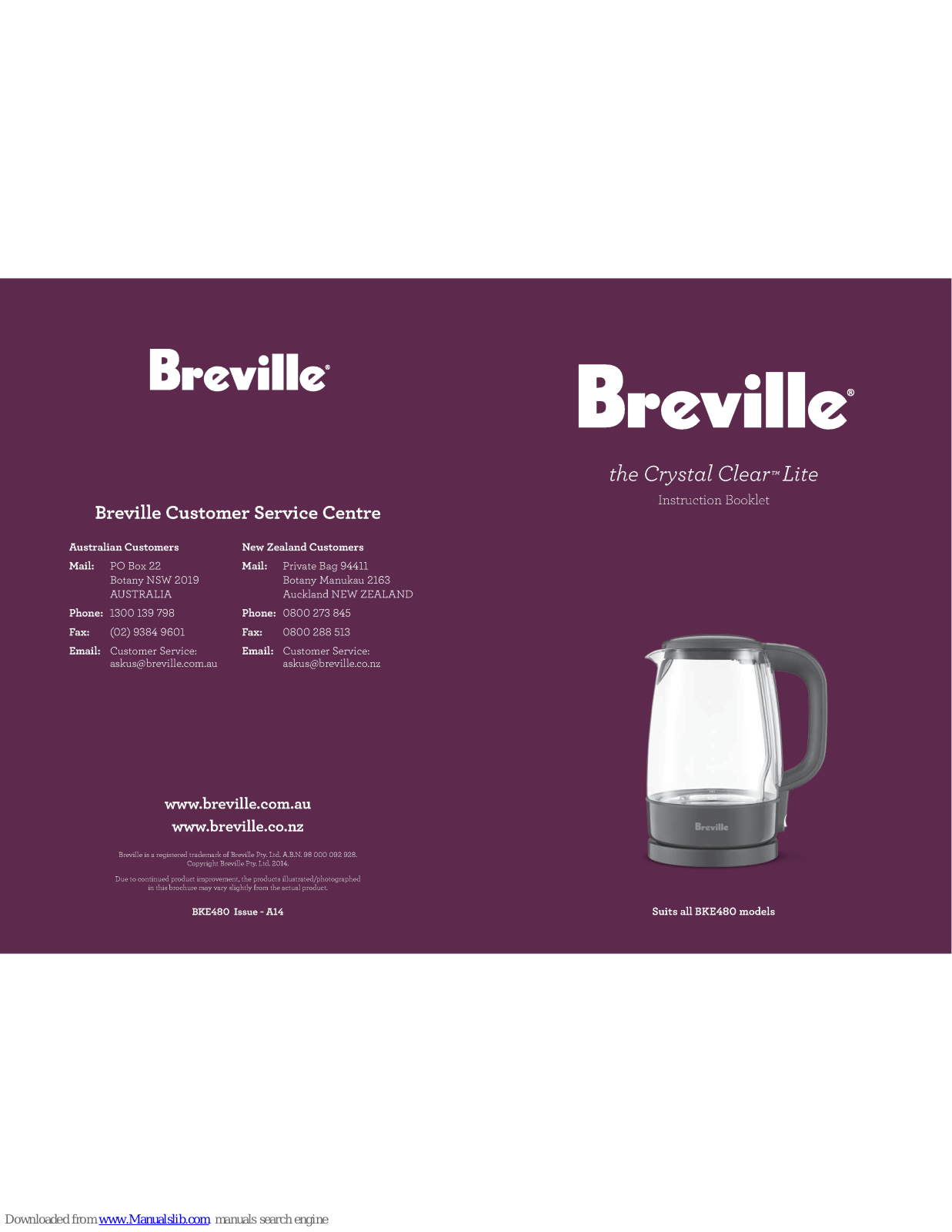 Breville Crystal Clear BKE480 Instruction Booklet