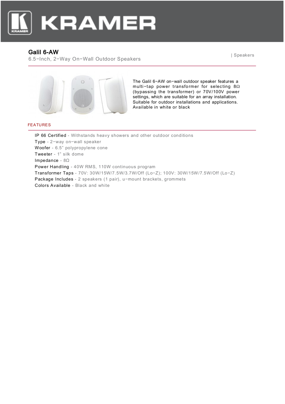 Kramer GALIL-6-AW Data Sheet