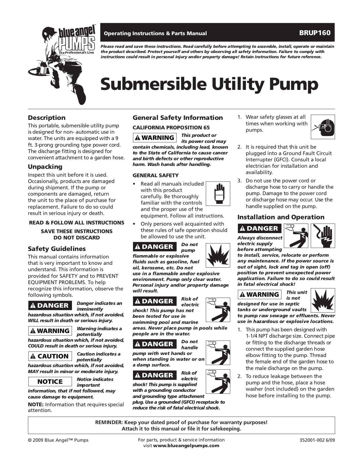 Blue Angel Pumps BRUP160 User Manual