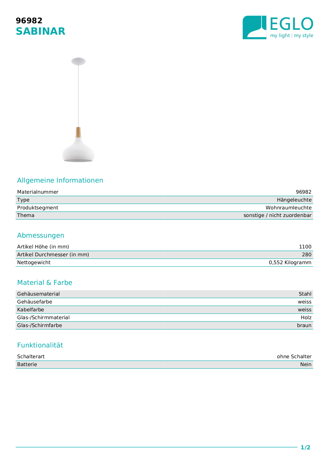 Eglo 96982 Technical data