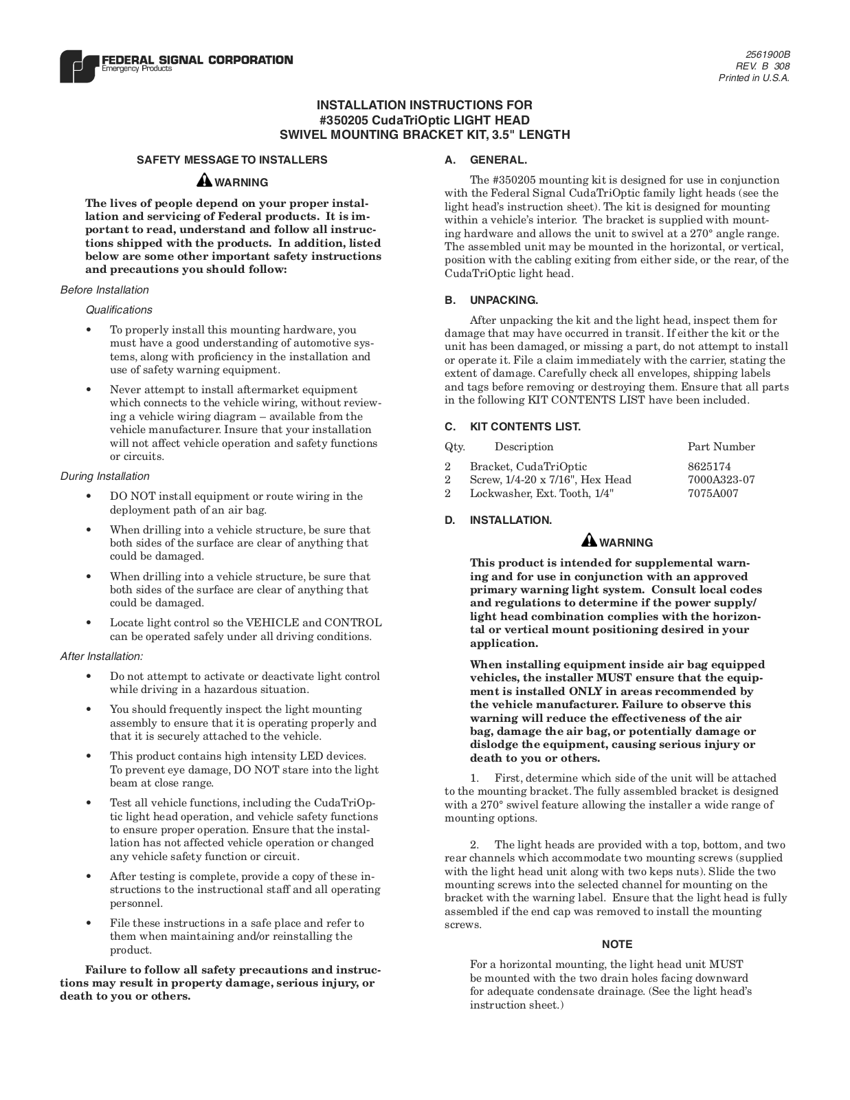 Federal Signal Corporation CudaTriOptic 350205 Installation Instructions Manual