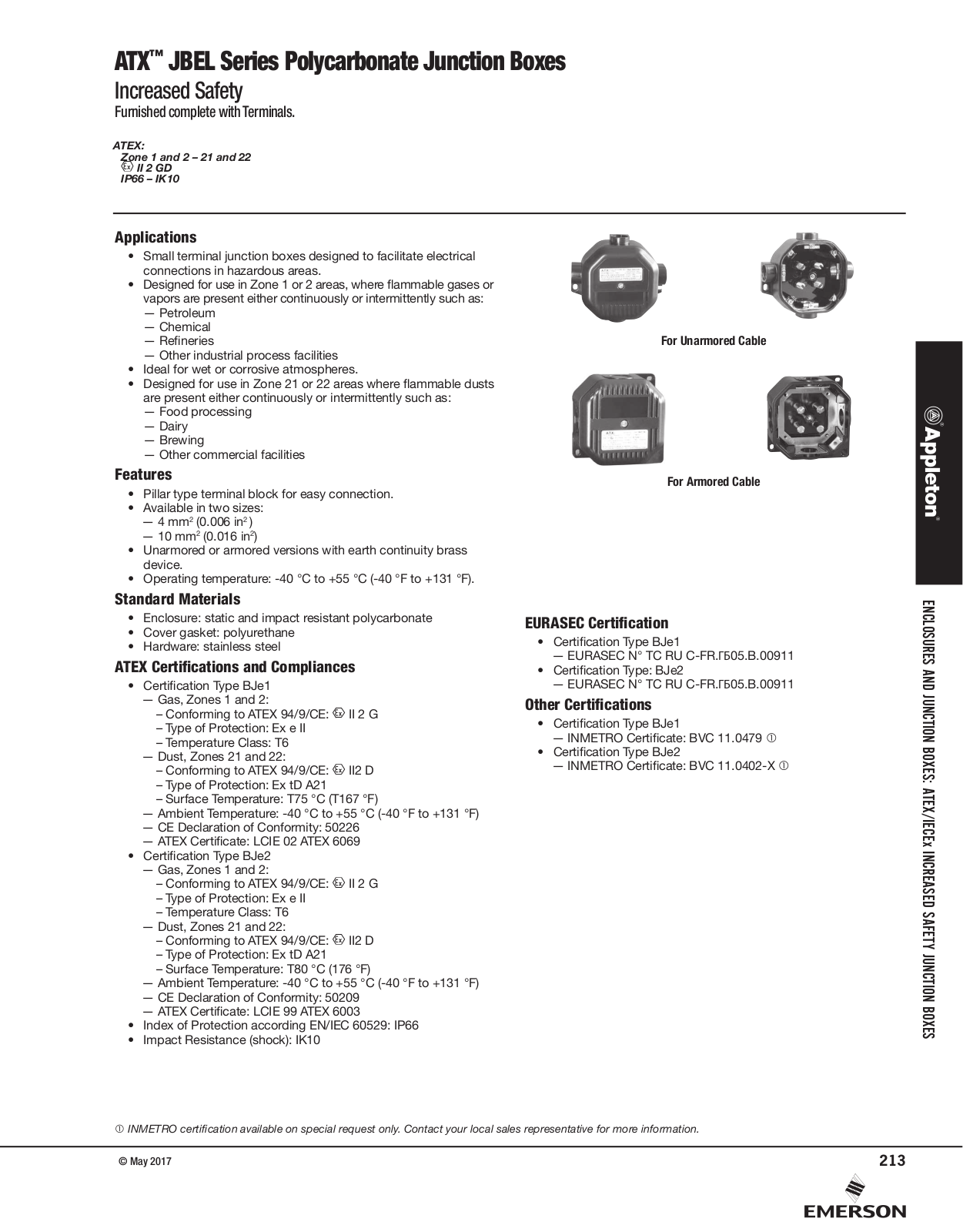 Appleton ATX™ JBEL Series Polycarbonate Junction Boxes Catalog Page