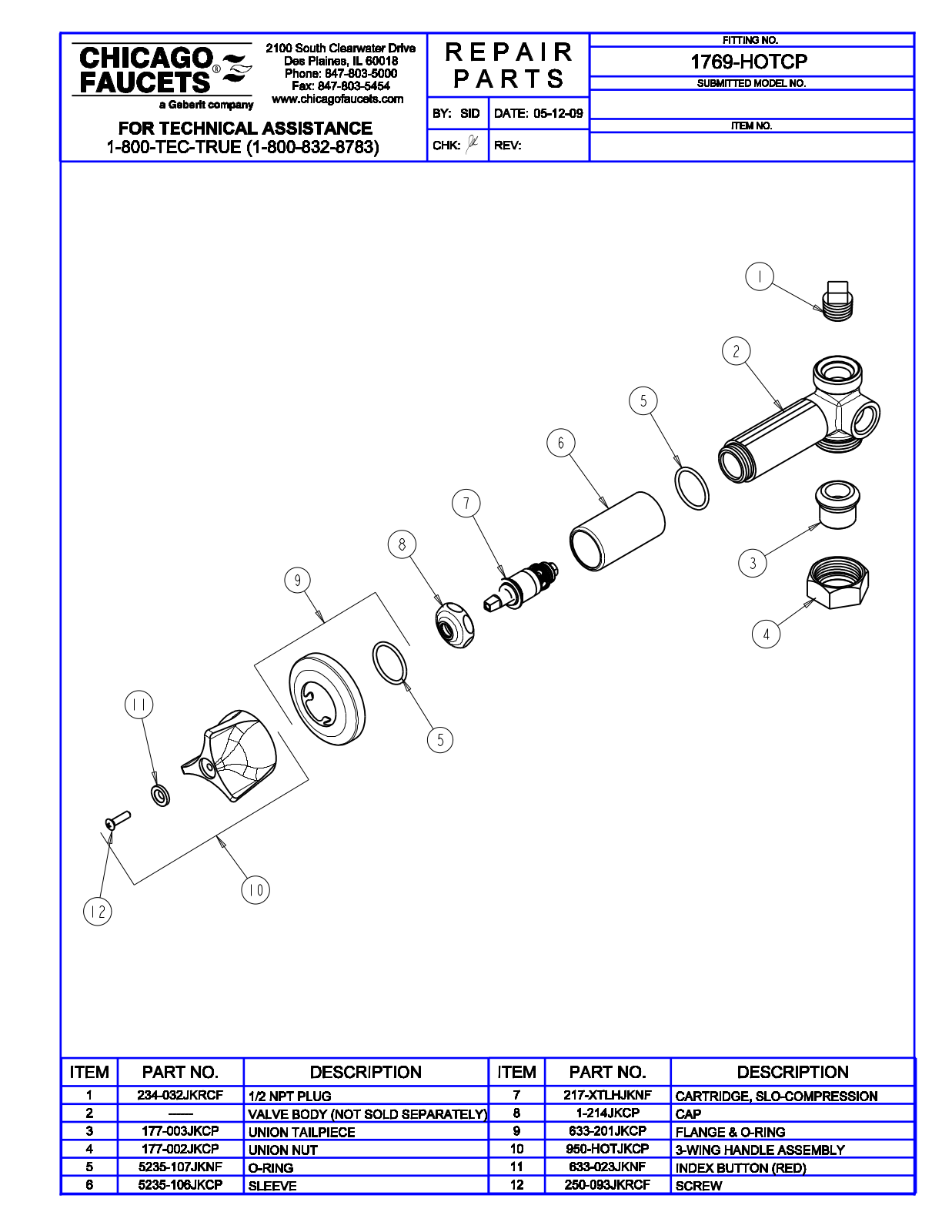 Chicago Faucet 1769-HOTCP Parts List