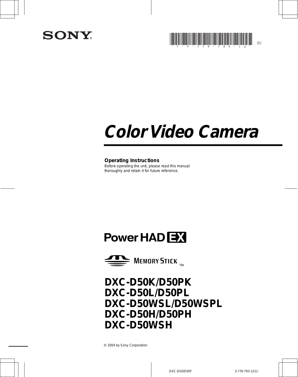 Sony DXC-D50K, DXC-D50PK, DXC-D50L, DXC-D50WSL, DXC-D50WSPL User Manual