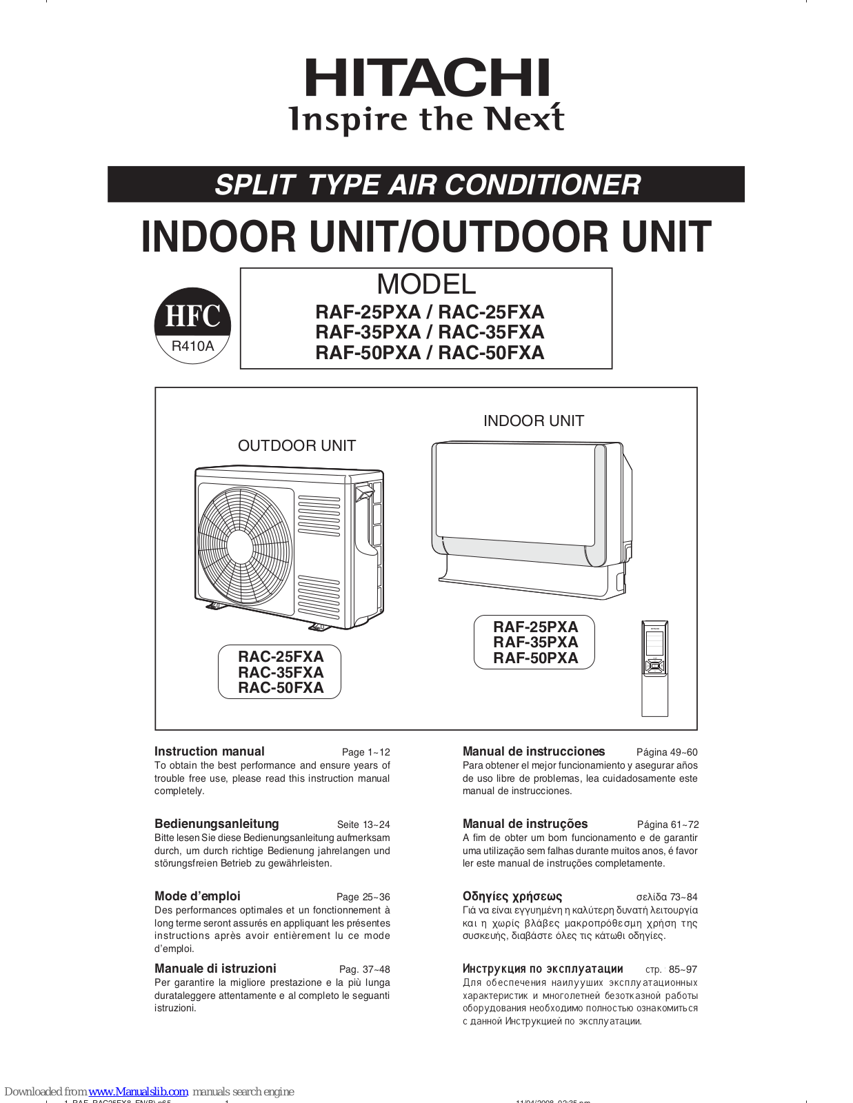 Hitachi RAF-25PXA, RAF-35PXA, RAC-35FXA, RAF-50PXA, RAC-25FXA Instruction Manual