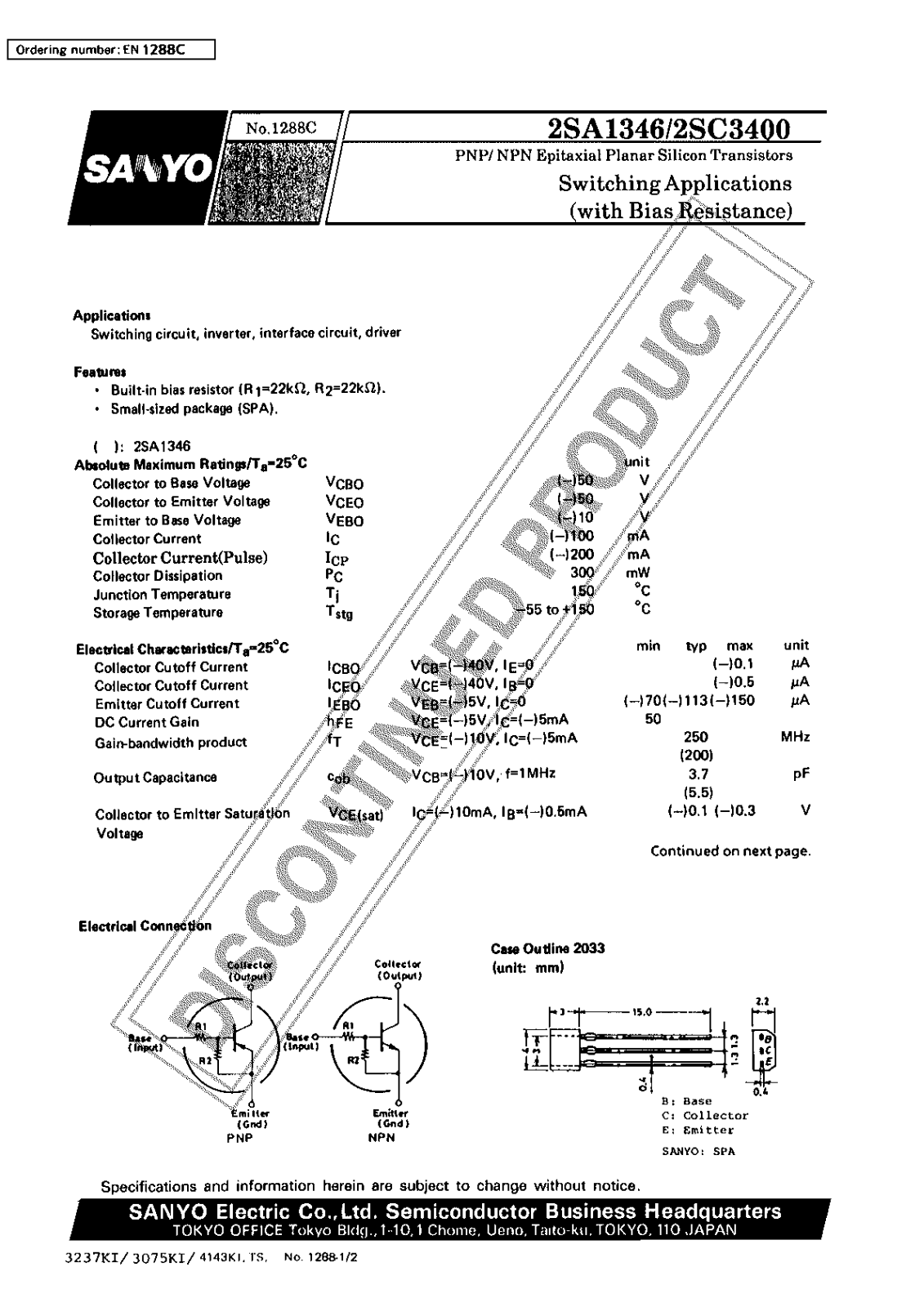 Sanyo 2SC3400 Specifications