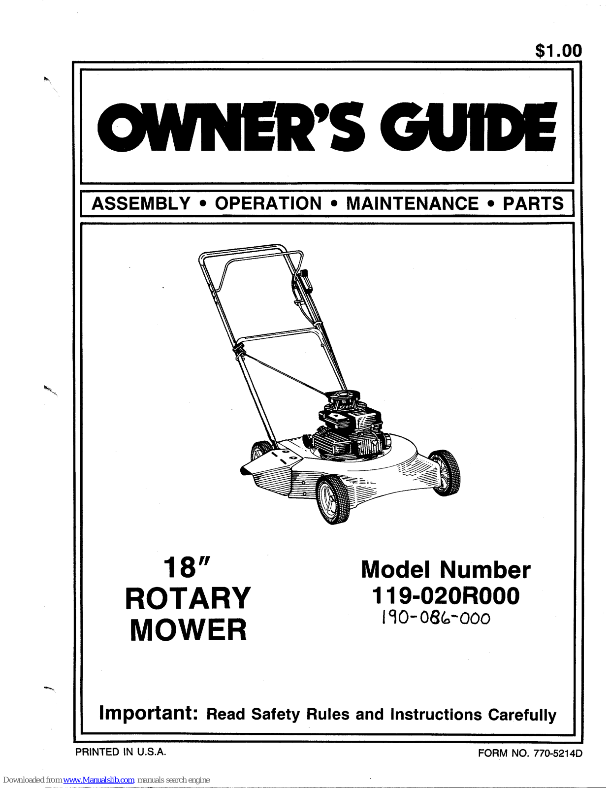 MTD 190-086-000, 020R Owner's Manual