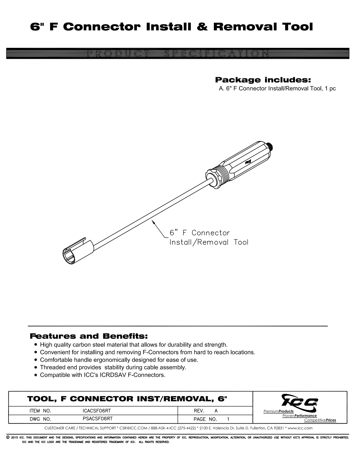 ICC ICACSF06RT Specsheet