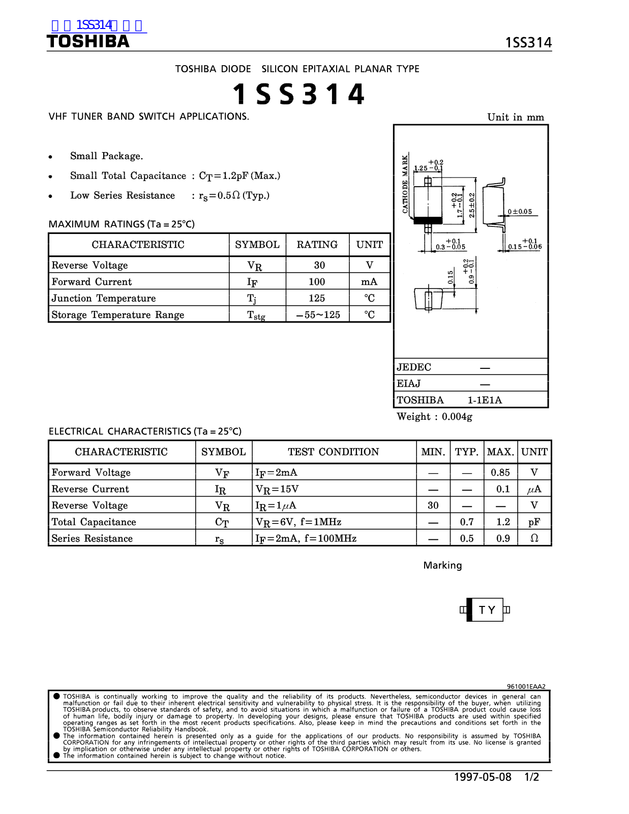 TOSHIBA 1SS314 Technical data