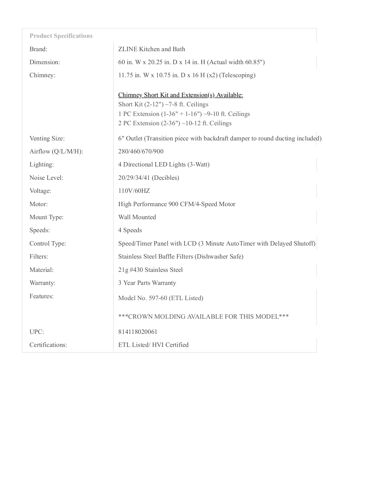 ZLINE 59760 Specs - ManualMachine.com
