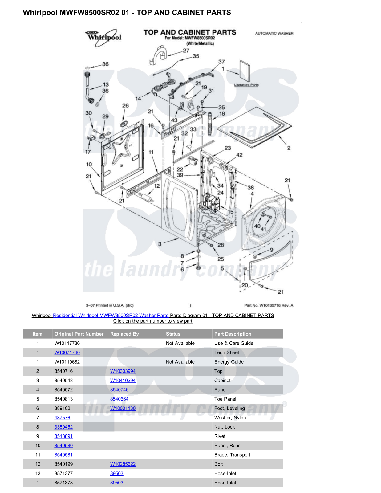 Whirlpool MWFW8500SR02 Parts Diagram
