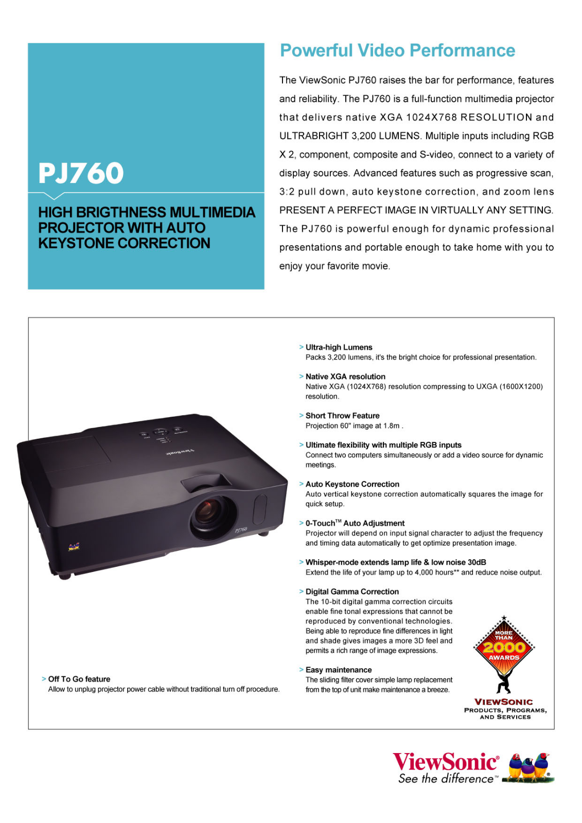 ViewSonic PJ760 Product Sheet