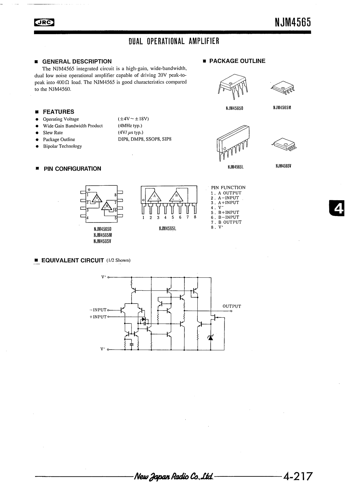 JRC NJM4565D, NJM4565V, NJM4565M, NJM4565L Datasheet