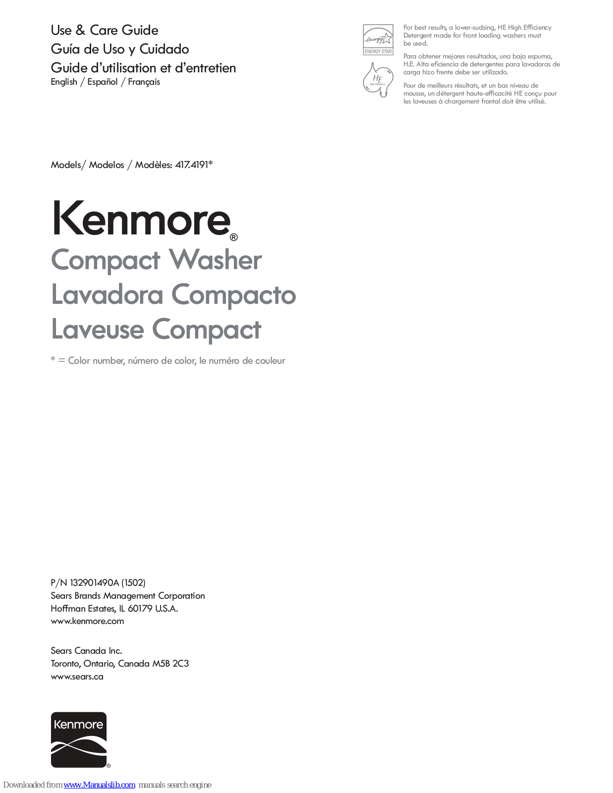 Kenmore 417.4191 SERIES Use & Care Manual