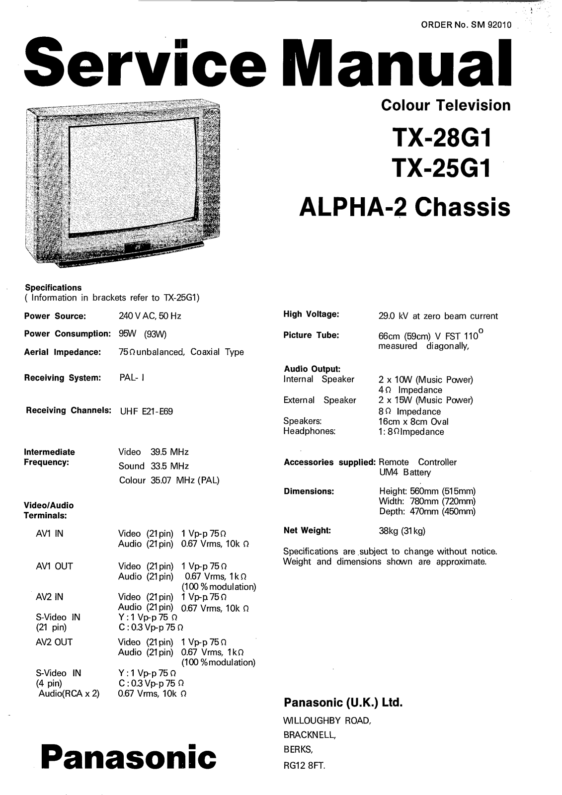 Panasonic TX25G1, TX28G1 Schematic