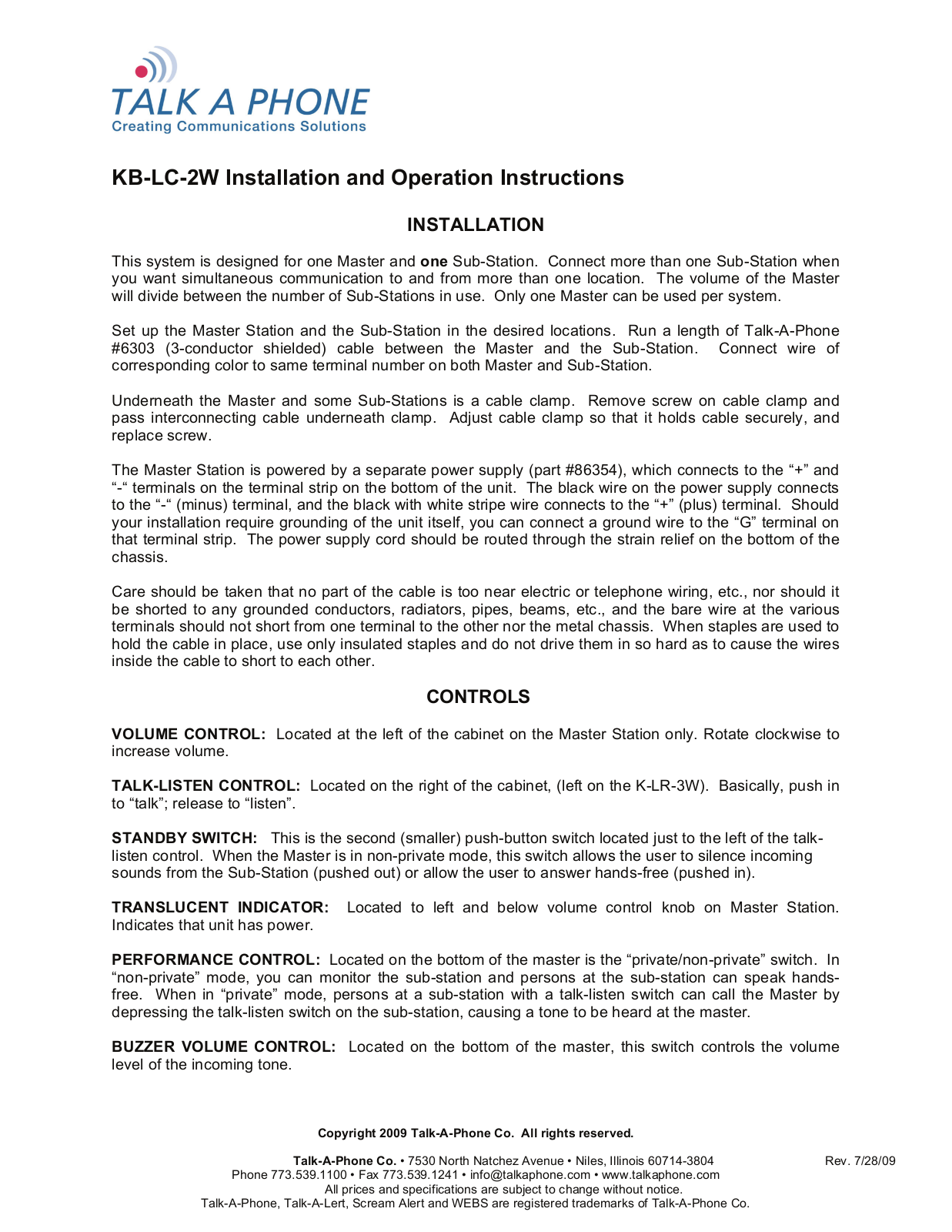 Talkaphone KB-LC-2W User Manual