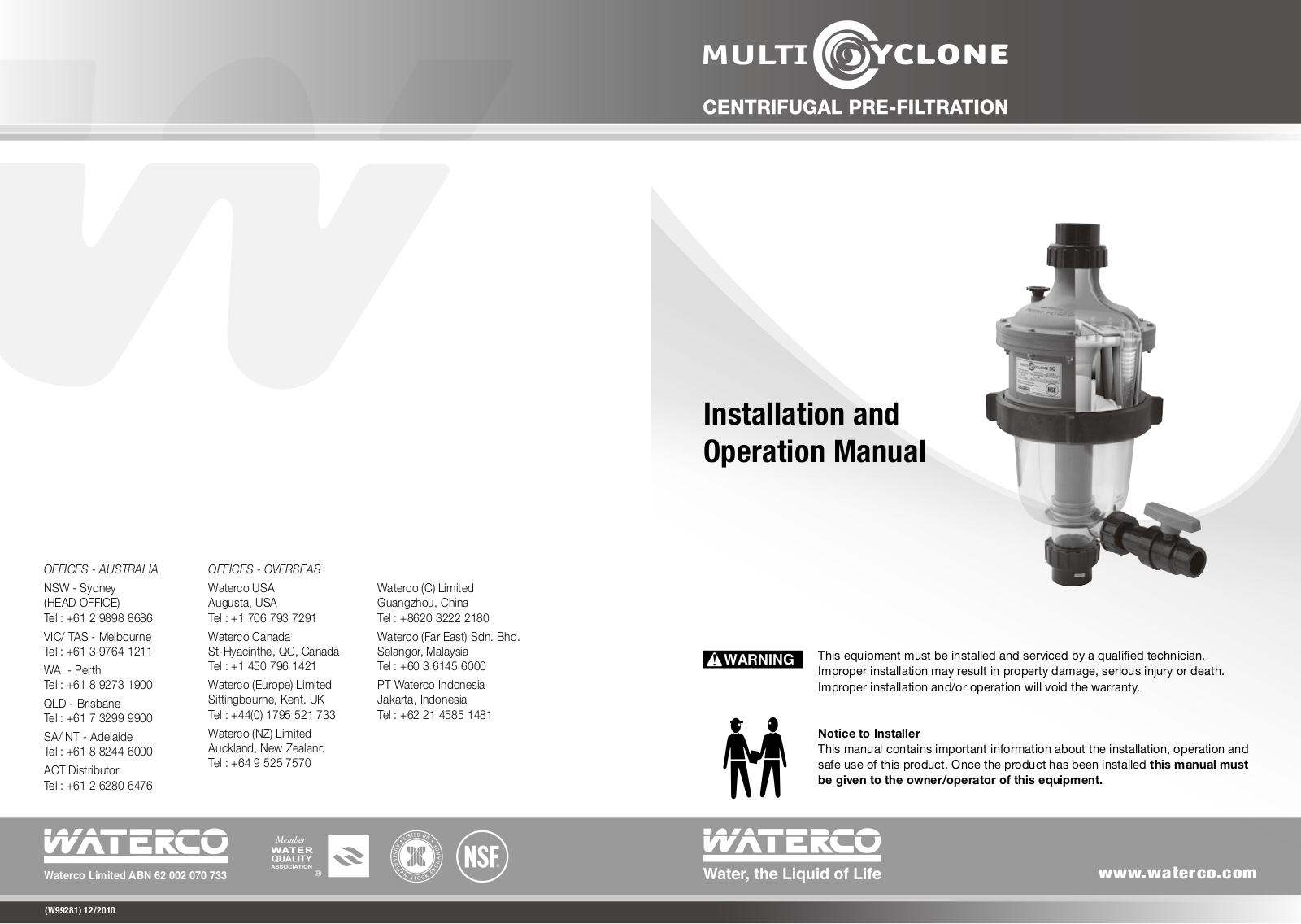 Waterco MultiCyclone 12, MultiCyclone 16, MultiCyclone Series Installation And Operation Manual