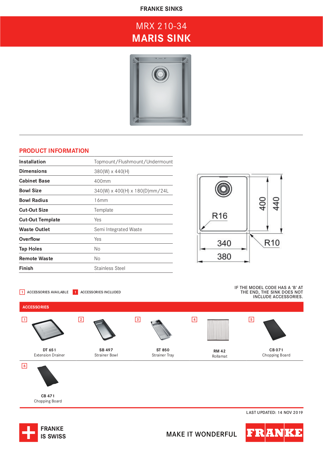 Franke MRX210-34 Specifications Sheet