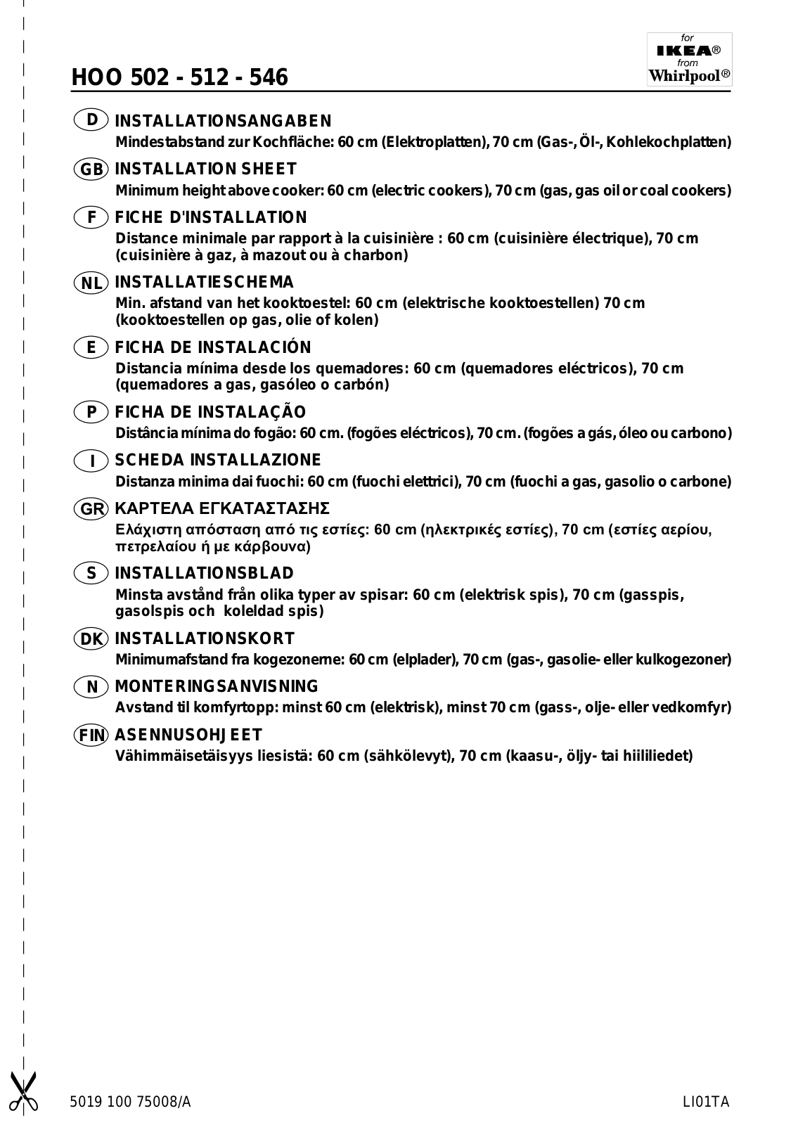 Whirlpool HOO 502, HOO 512, HOO 546 INSTALLATION SHEET