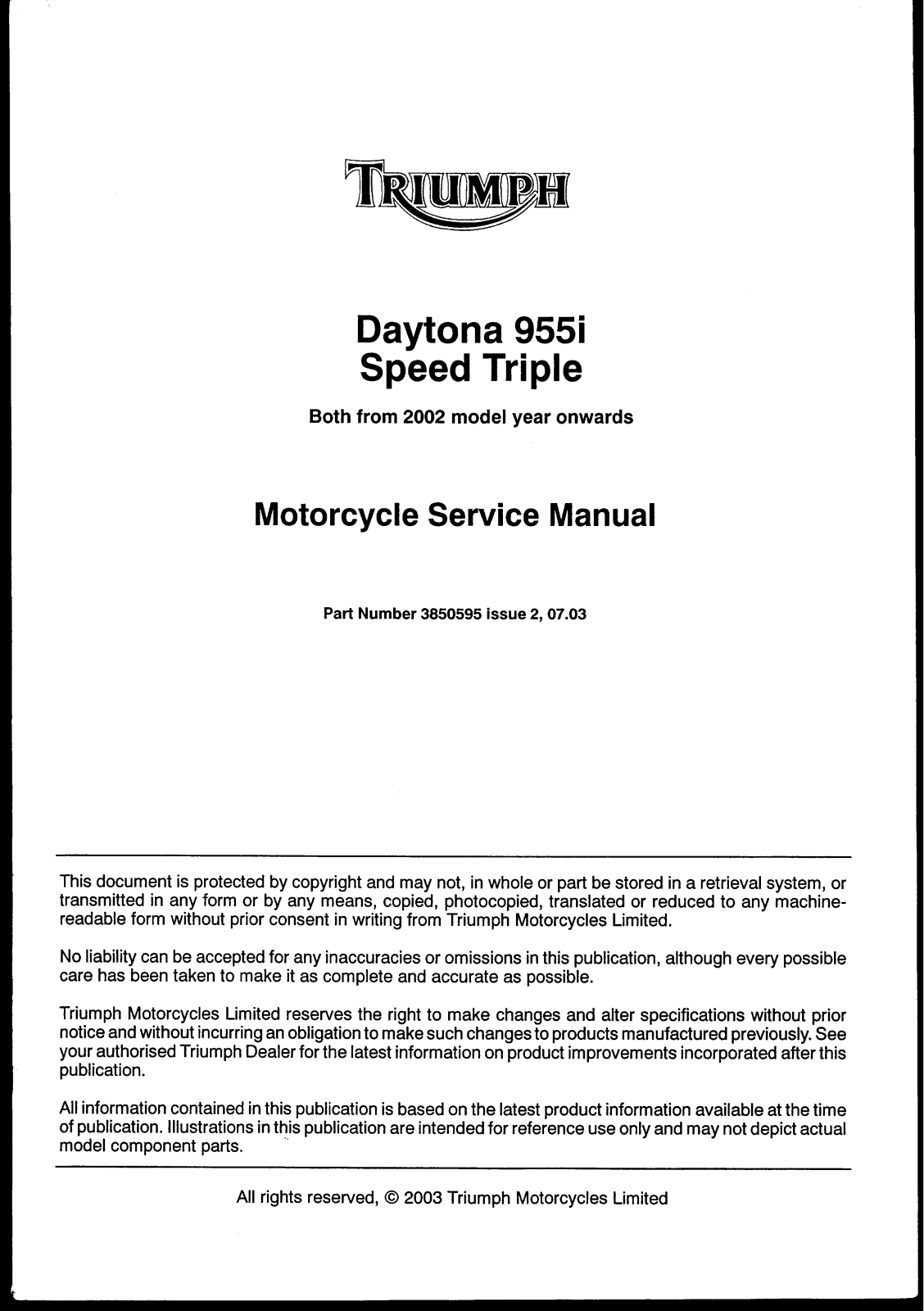 Triumph Daytona 955i 2002, Daytona 955cc 2002 Service Manual