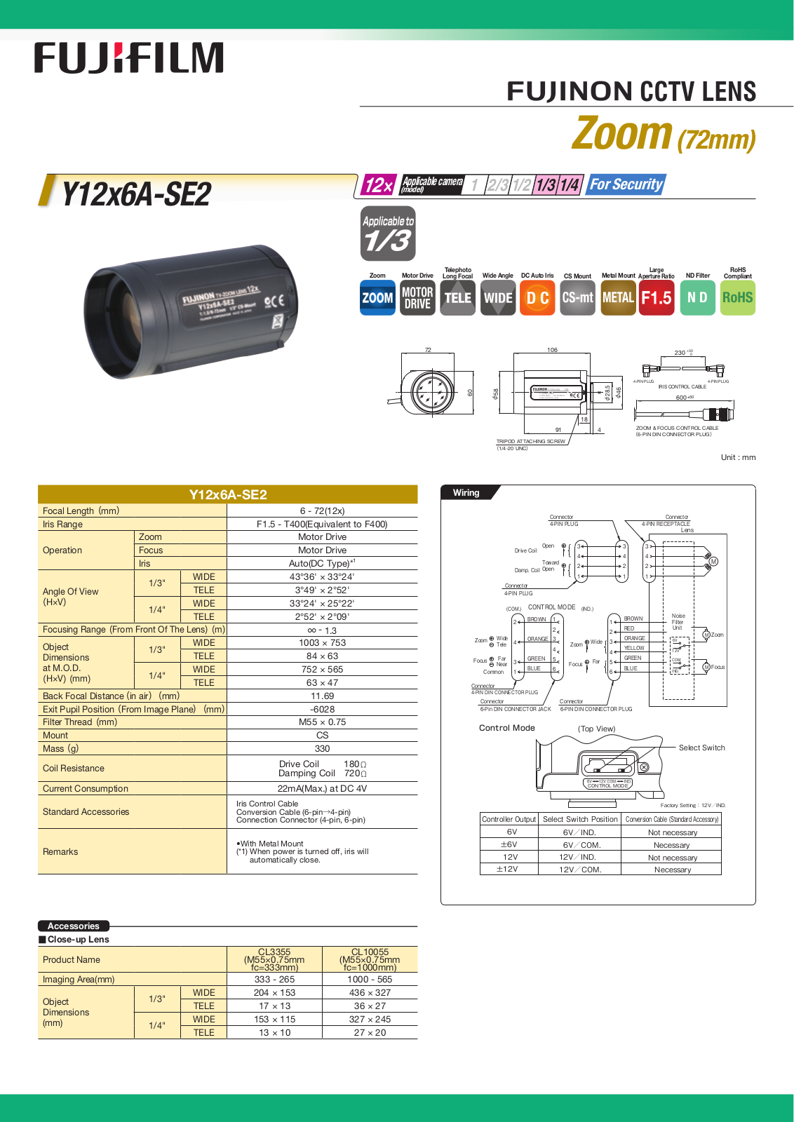 Fujinon Y12x6A-SE2 Specsheet