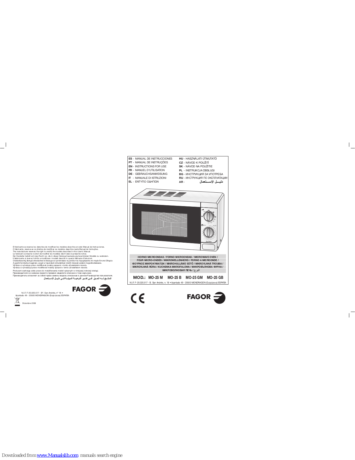 Fagor MO-25 M, MO-25 GM, MO-25 GB, MO-25 B Instructions For Use Manual