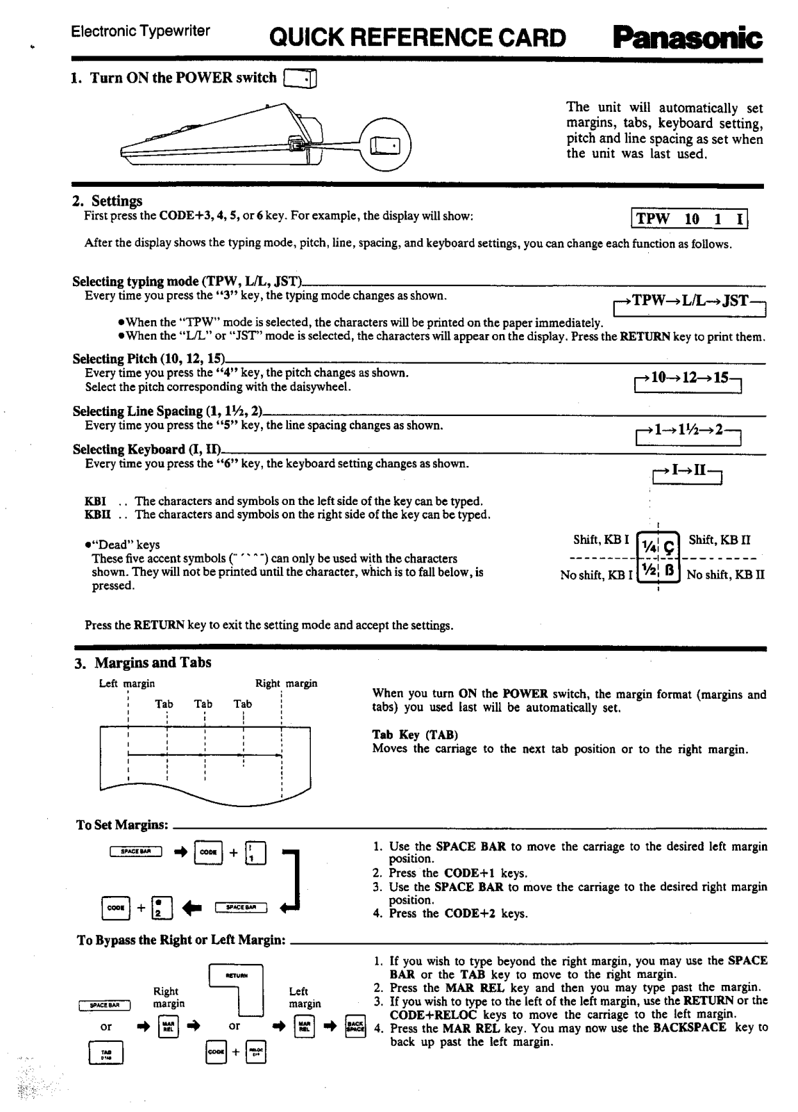 Panasonic Typewriter Quick Reference Guide