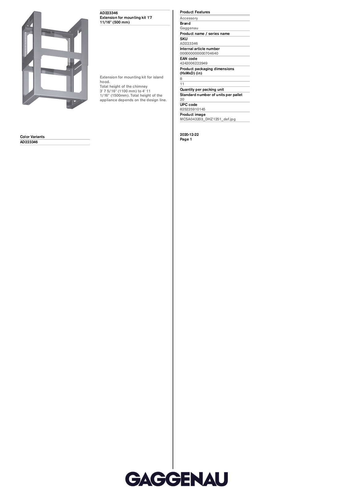 Gaggenau AD223346 Specification Sheet