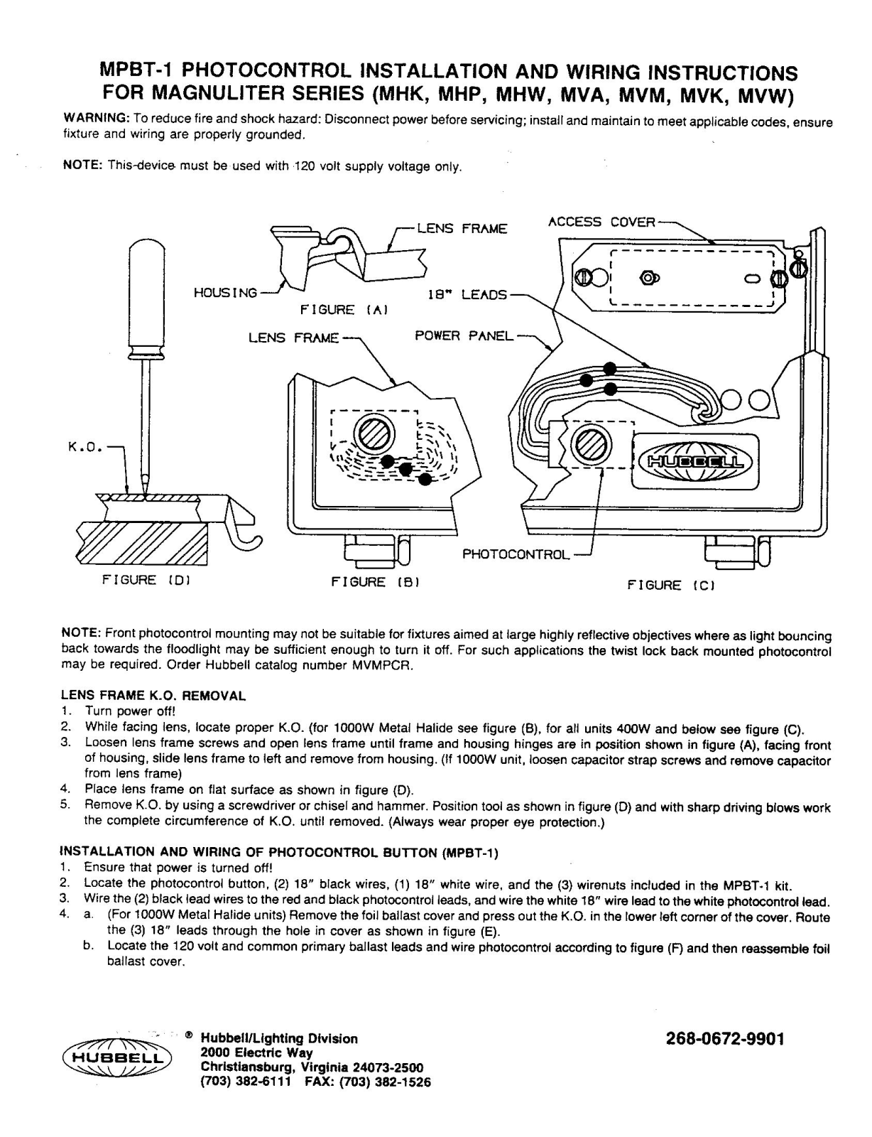 Hubbell Lighting MBPT-1 User Manual