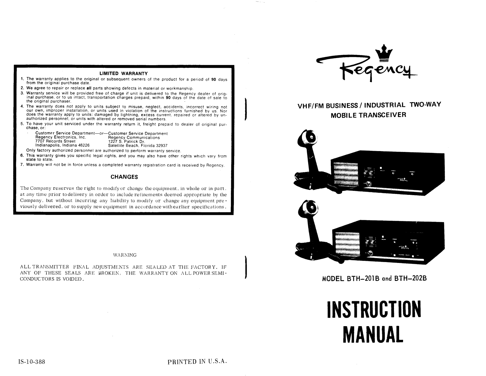 Regency BTH-202B, BTH-201B User Manual