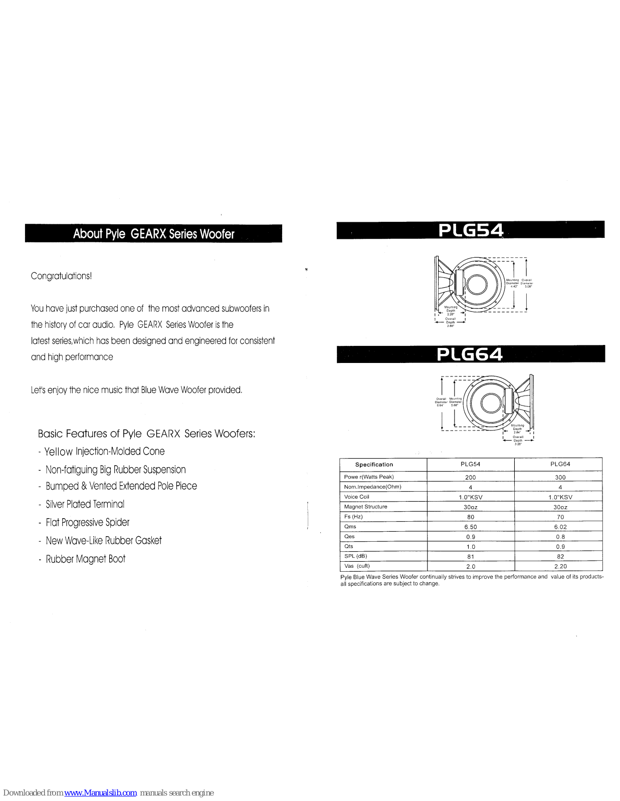 PYLE Audio PYLE Gear X Series PLG54, PLG104, PLG124, PLG154, PLG64 Specification Sheet