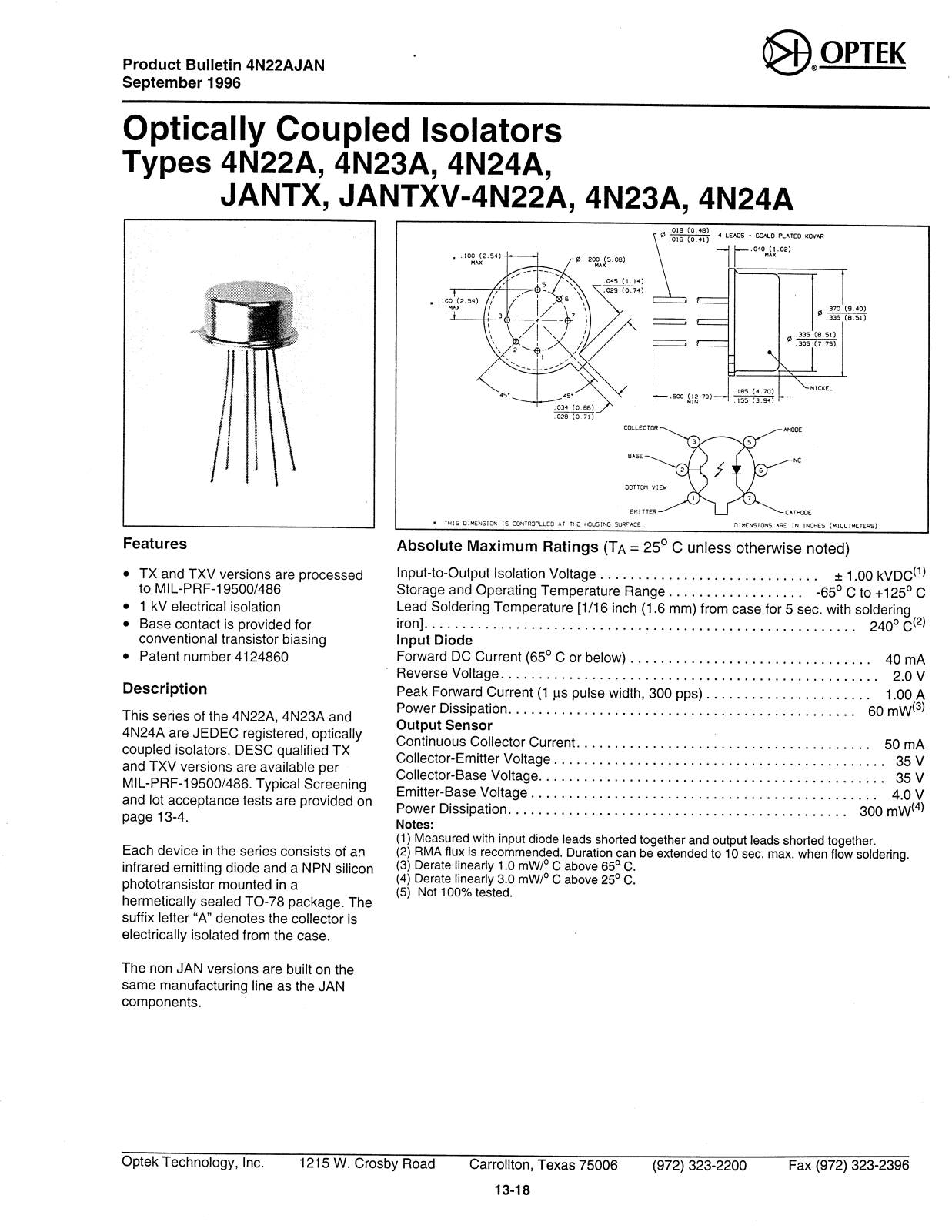 OPTEK 4N24A, 4N23A, 4N22A Datasheet