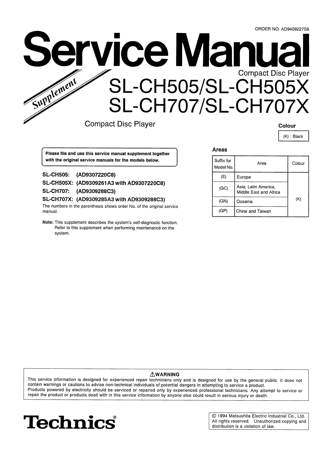 Technics SL-CH505, SL-CH505X, SL-CH707, SL-CH707X Service Manual