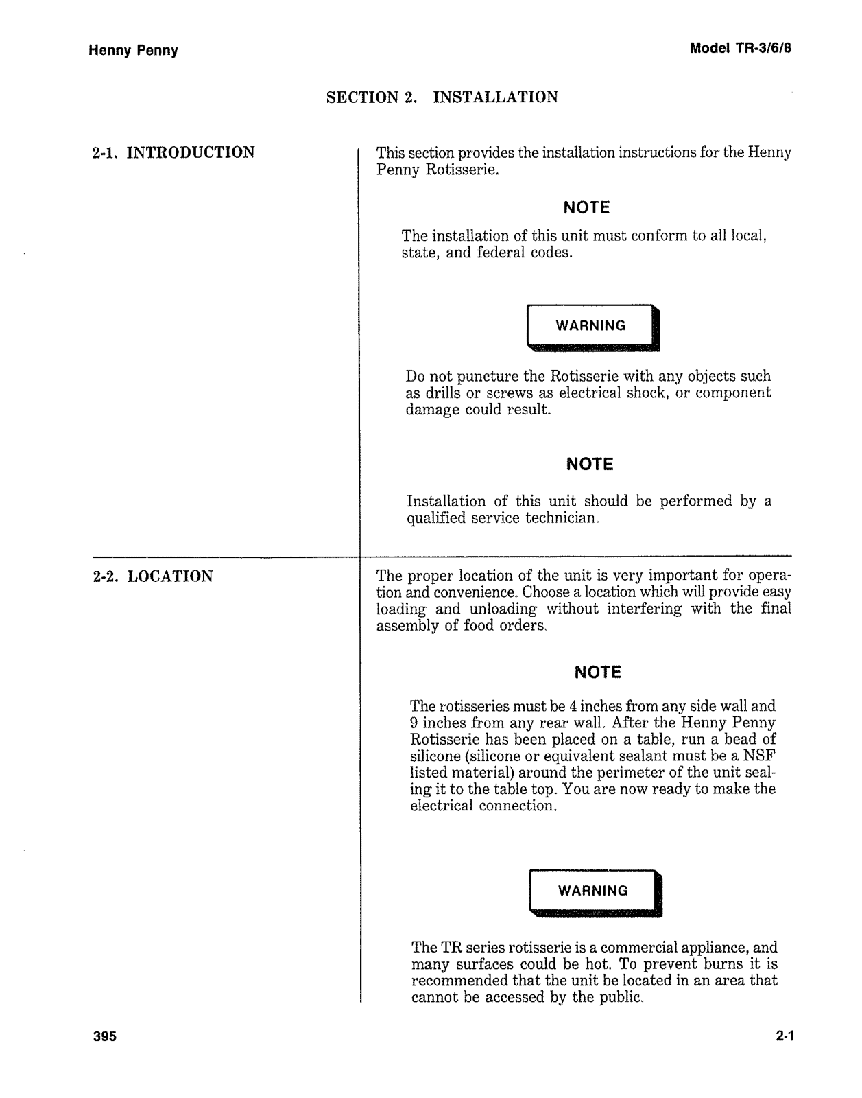 Henny Penny TR-3 Installation Manual