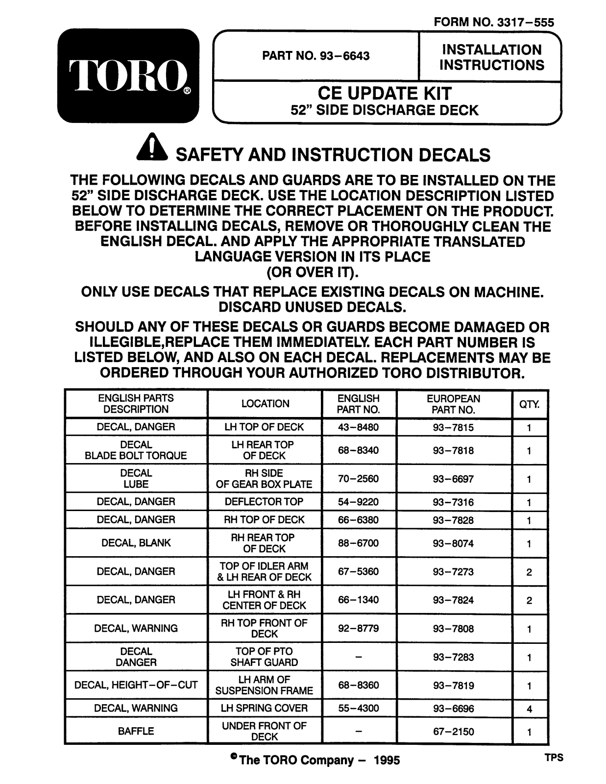 Toro 93-6643 Installation Instructions