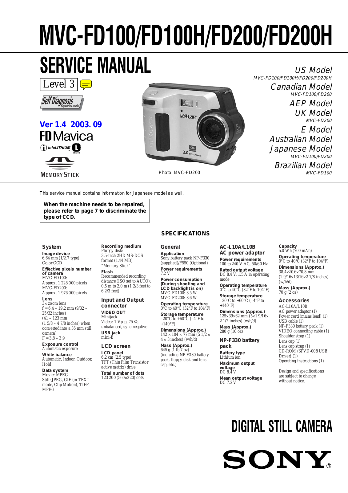 SONY MVC-FD100, MVC-FD100H, MVC-FD200, MVC-FD200H SERVICE MANUAL