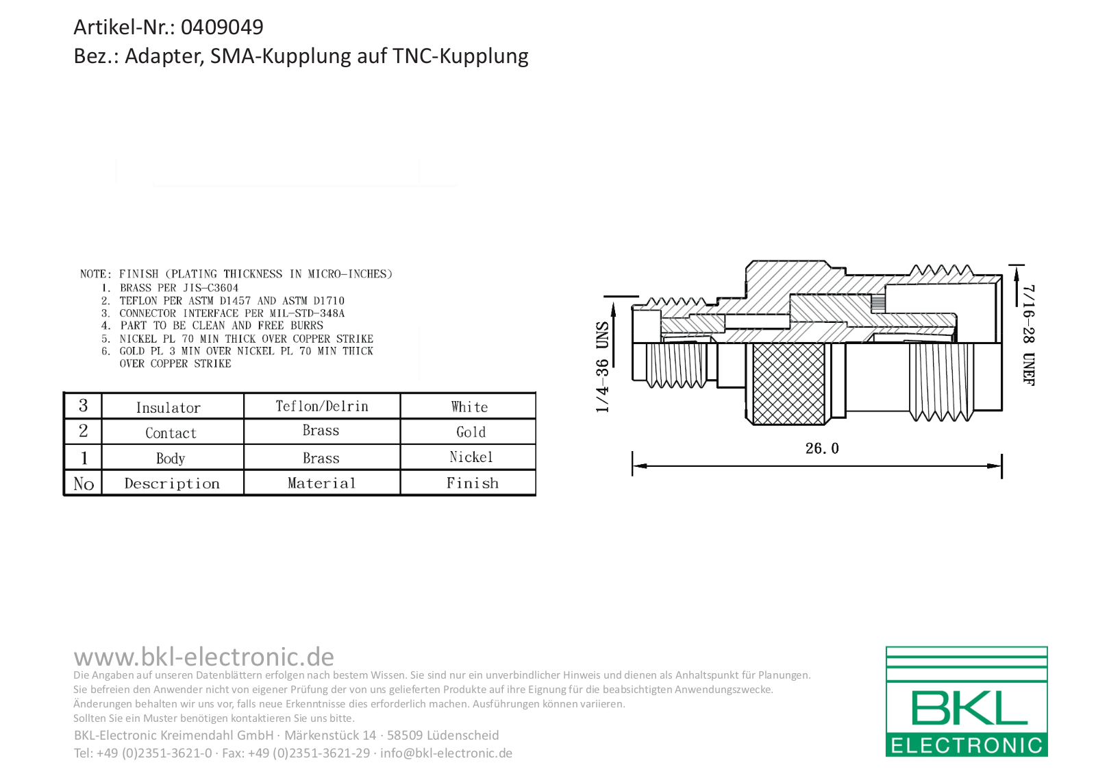BKL TNC K213 Datasheet - ManualMachine.com