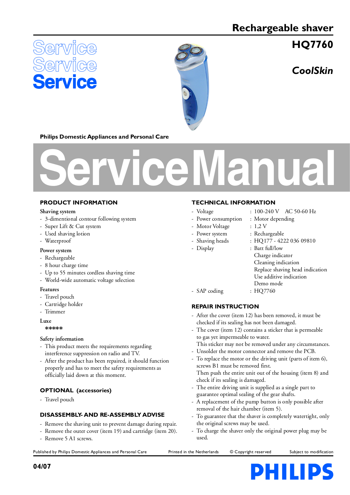 Philips HQ 7760 Service Manual