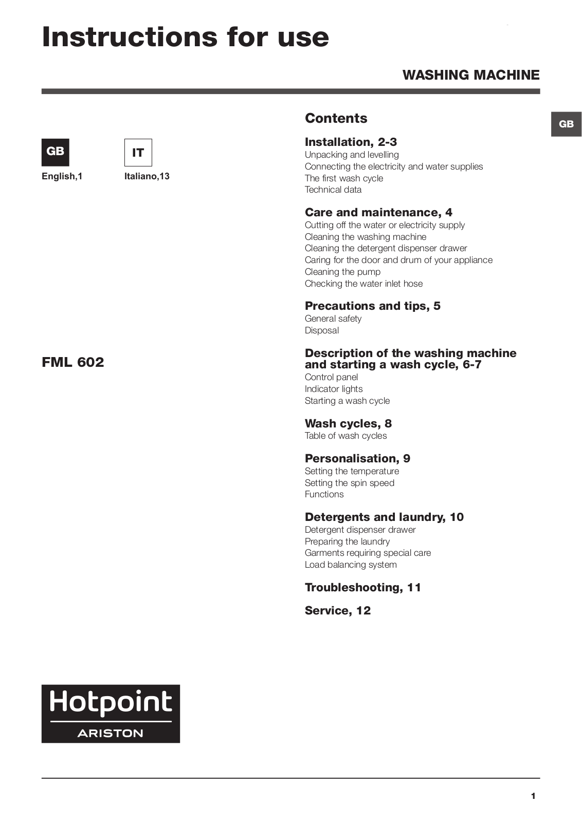 HOTPOINT/ARISTON FML 602 EU.M User Manual