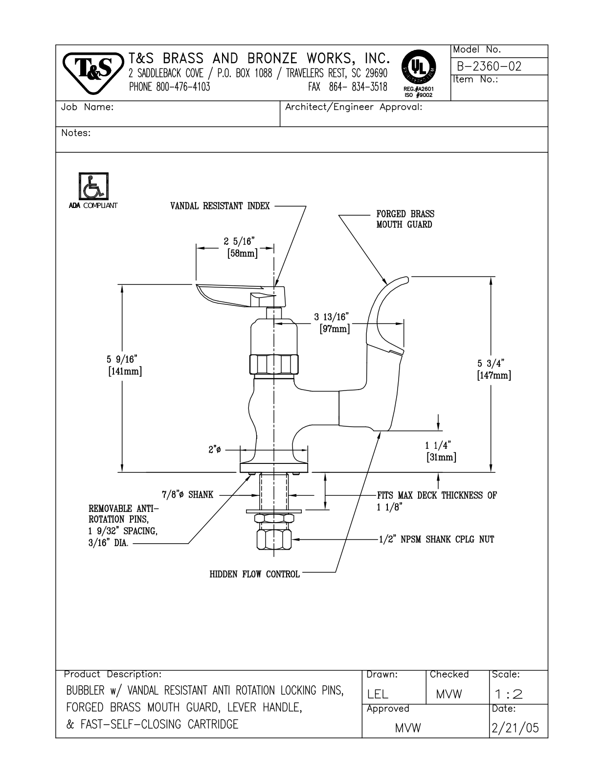 T & S Brass & Bronze Works B-2360-02 General Manual