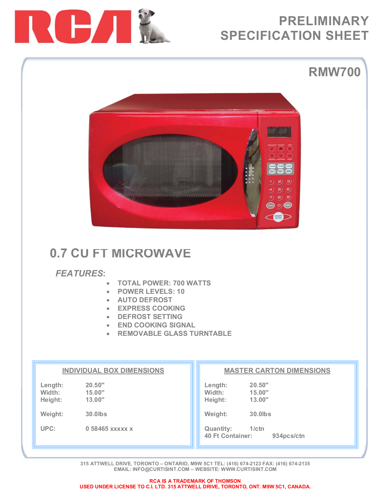 RCA RMW700 User Manual