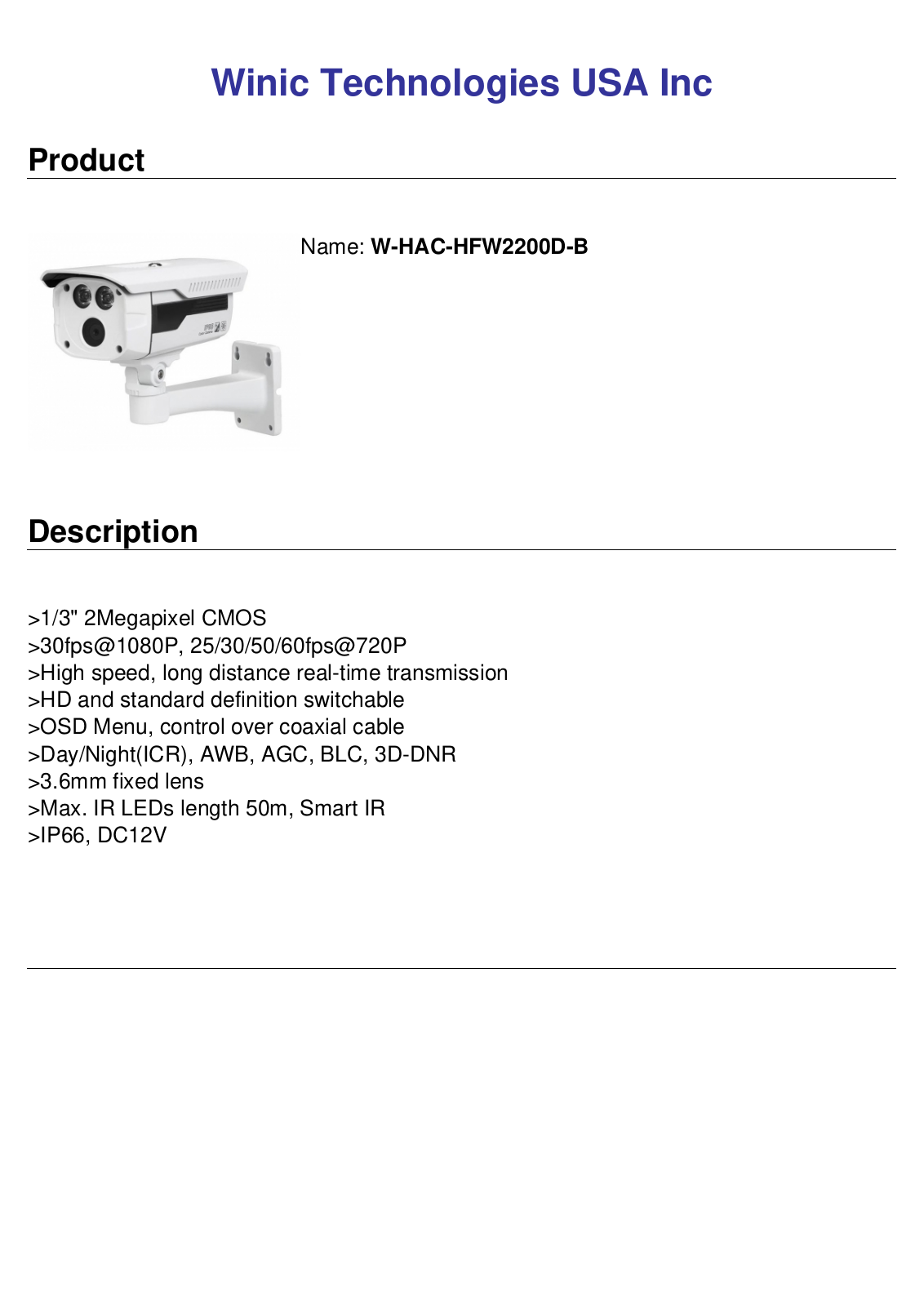 Cantek CT-HAC-HFW2200D-B Specsheet